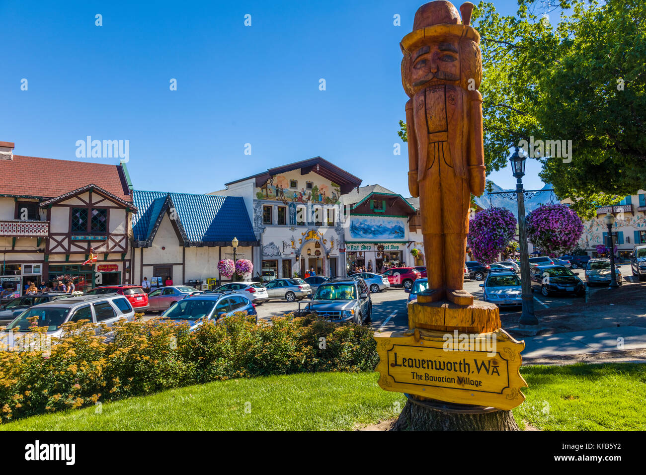 Front Street in Leavenworth a Bavarian-styled village in the Cascade Mountains in central Washington State in Chelan County, Washington, United States Stock Photo