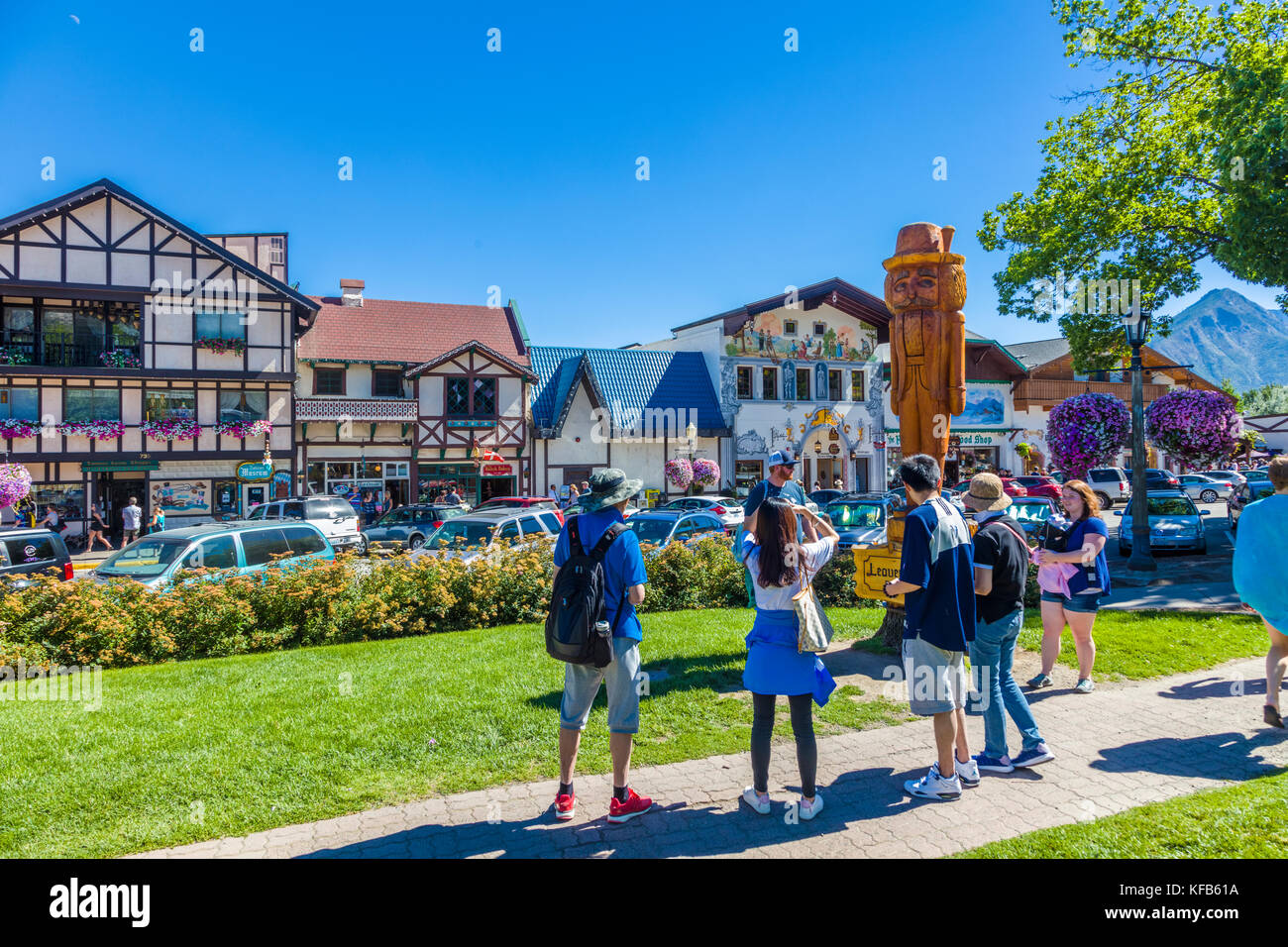 Front Street in Leavenworth a Bavarian-styled village in the Cascade Mountains in central Washington State in Chelan County, Washington, United States Stock Photo