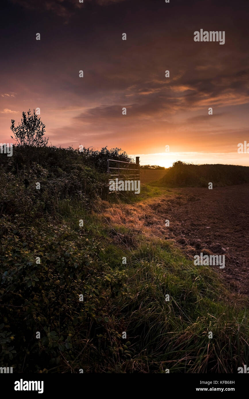 Sunset - sun setting over fields in Cornwall. Stock Photo