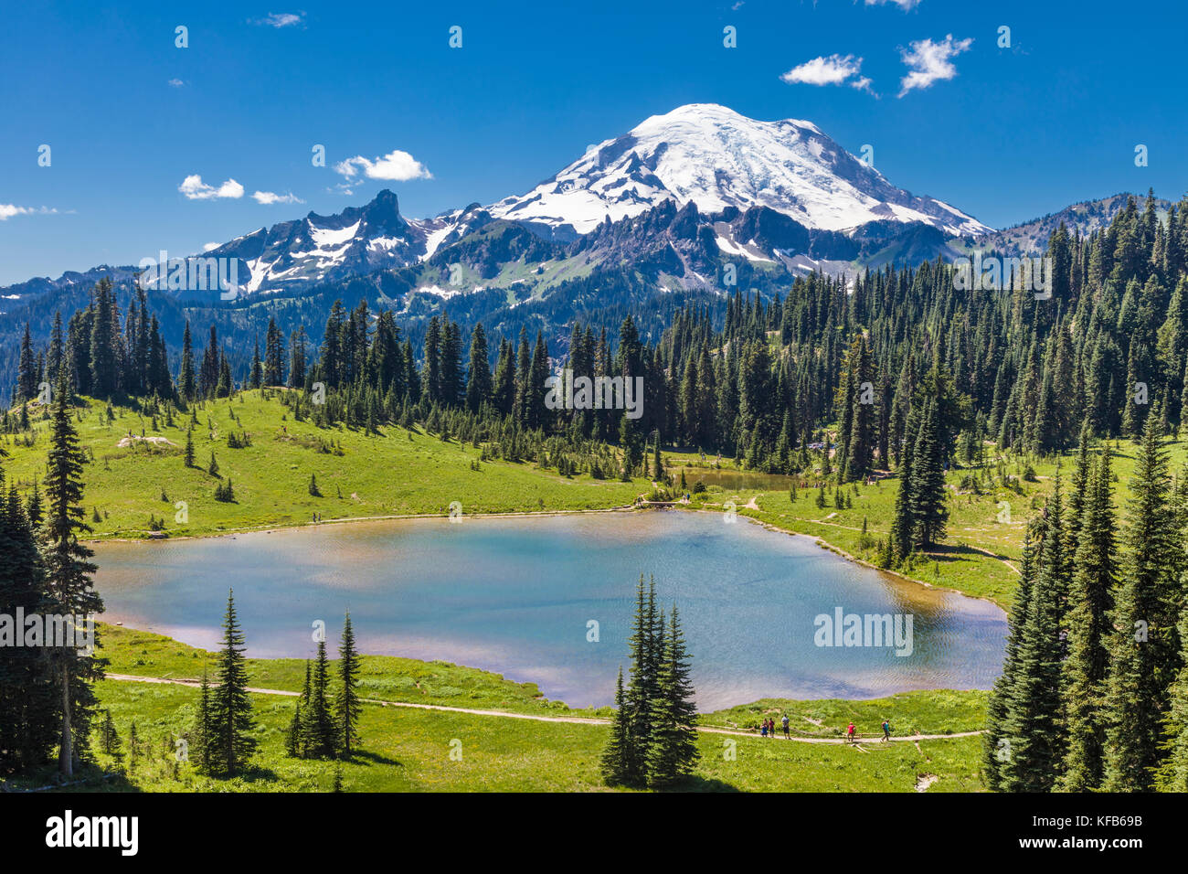 Tipsoo Lake with Mt. Rainier in the distance on the Mather Memorial Parkway in Mount Rainier National Park Washington in the Umited States Stock Photo