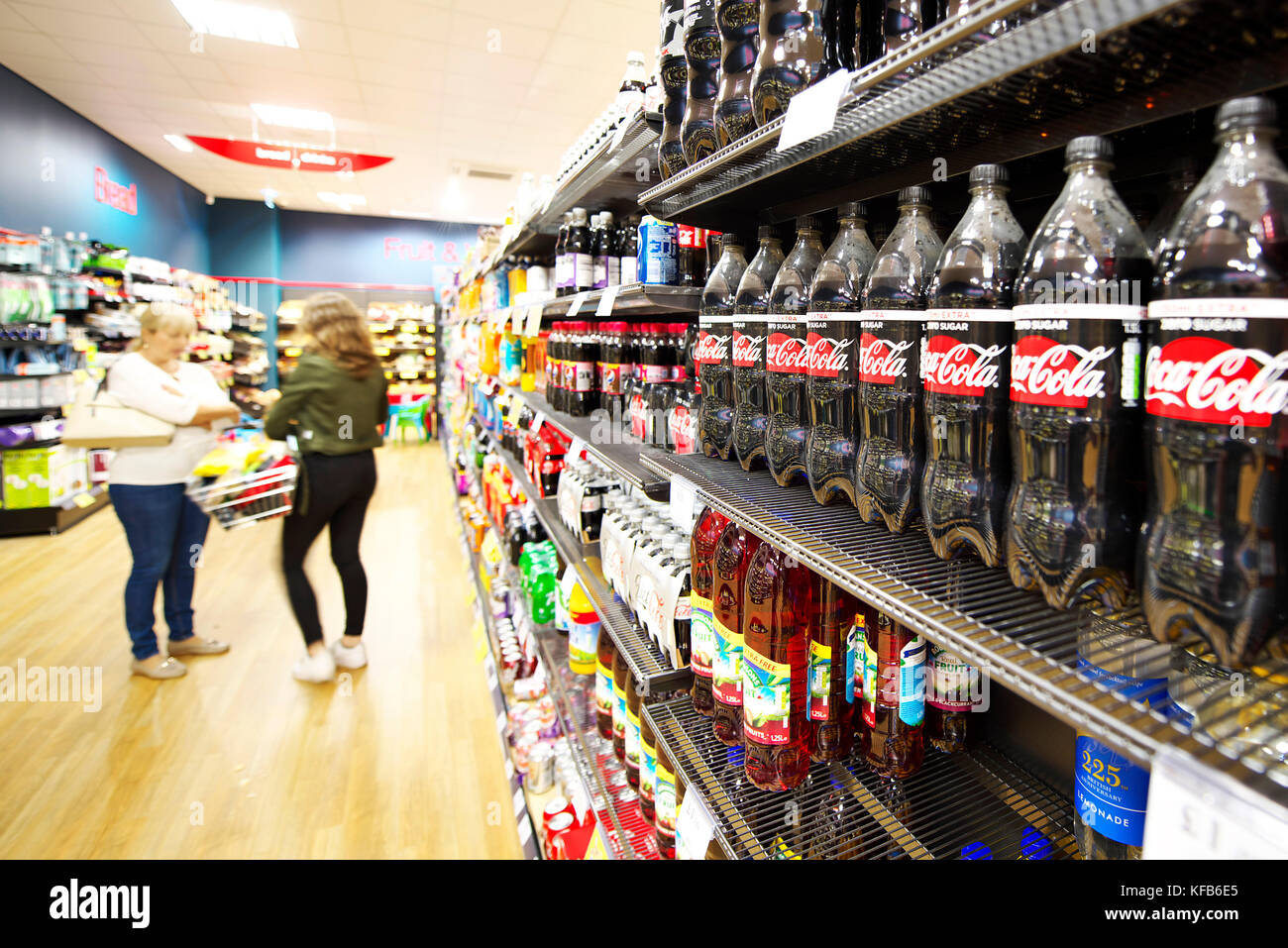 Shelves full of fat fizzy and zero sugar fizzy drinks for children and