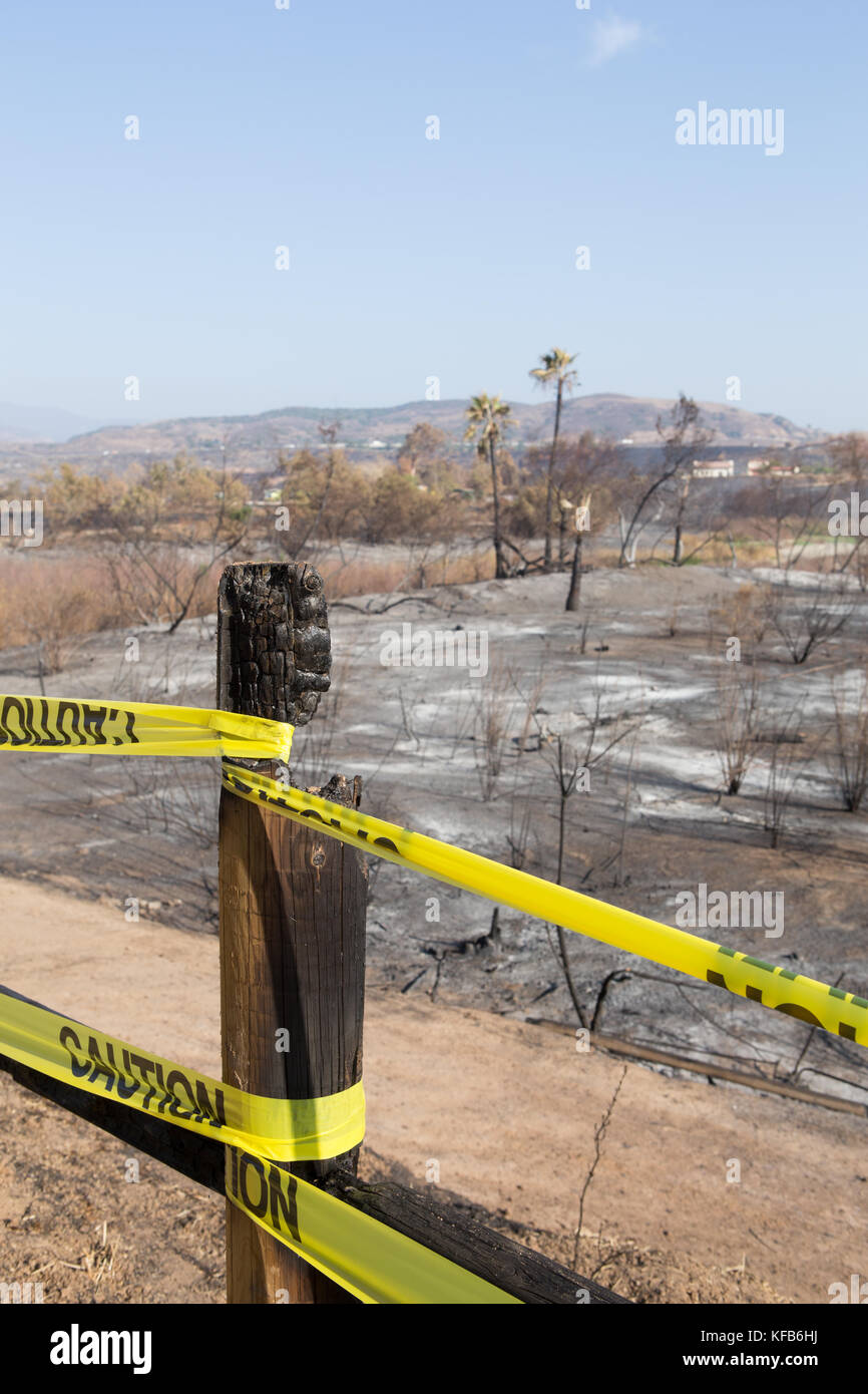 The burn area left from the Canyon 2 Fire at Peters Canyon Regional Park in Orange Southern California  . The park remains closed as of oct 30th 2017 Stock Photo