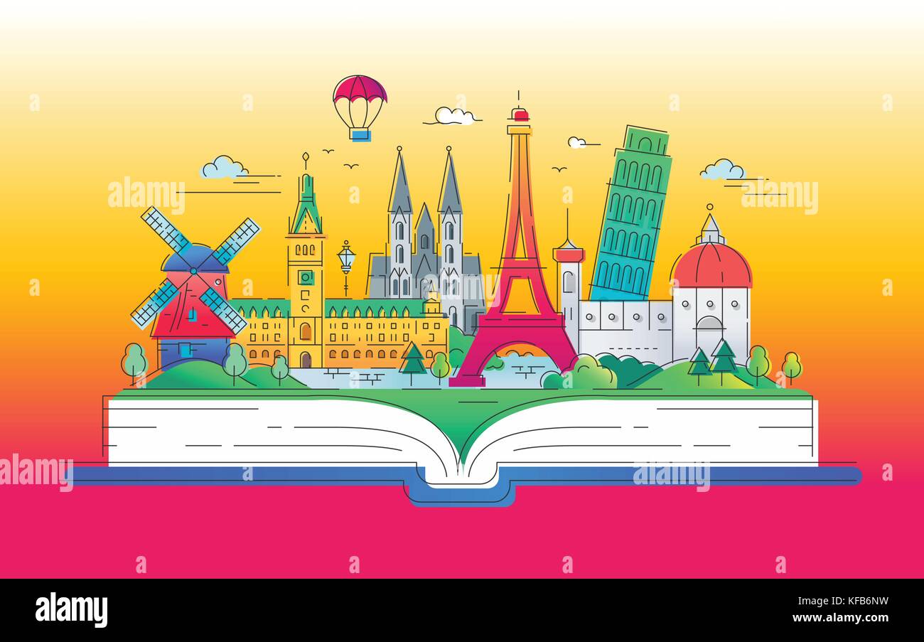Dreaming of Europe - modern vector line travel illustration. Have a trip, enjoy your vacation. Be on a safe and exciting journey. Landmarks on a book  Stock Vector