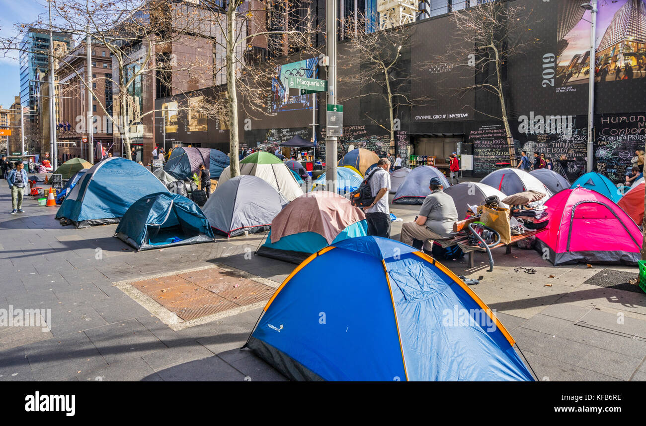 Australia, New South Wales, Sydney, the homeless people tent city on Martin place in the heart of the city's financial district, shortly befor removal Stock Photo