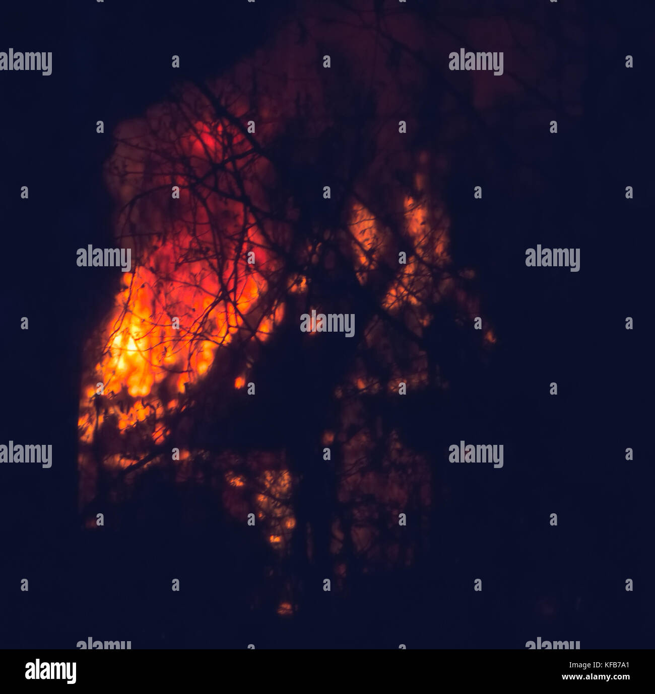 Blurred background. Night fire is deadly element. Conflagration in the