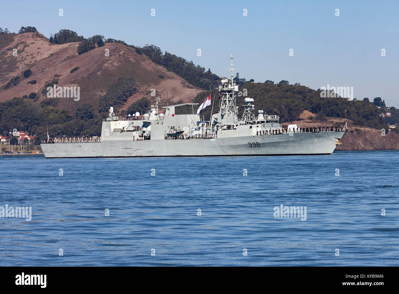 Canadian Halifax-class frigate HMCS Winnipeg (FFH 338) on San Francisco Bay in October 2017. Stock Photo