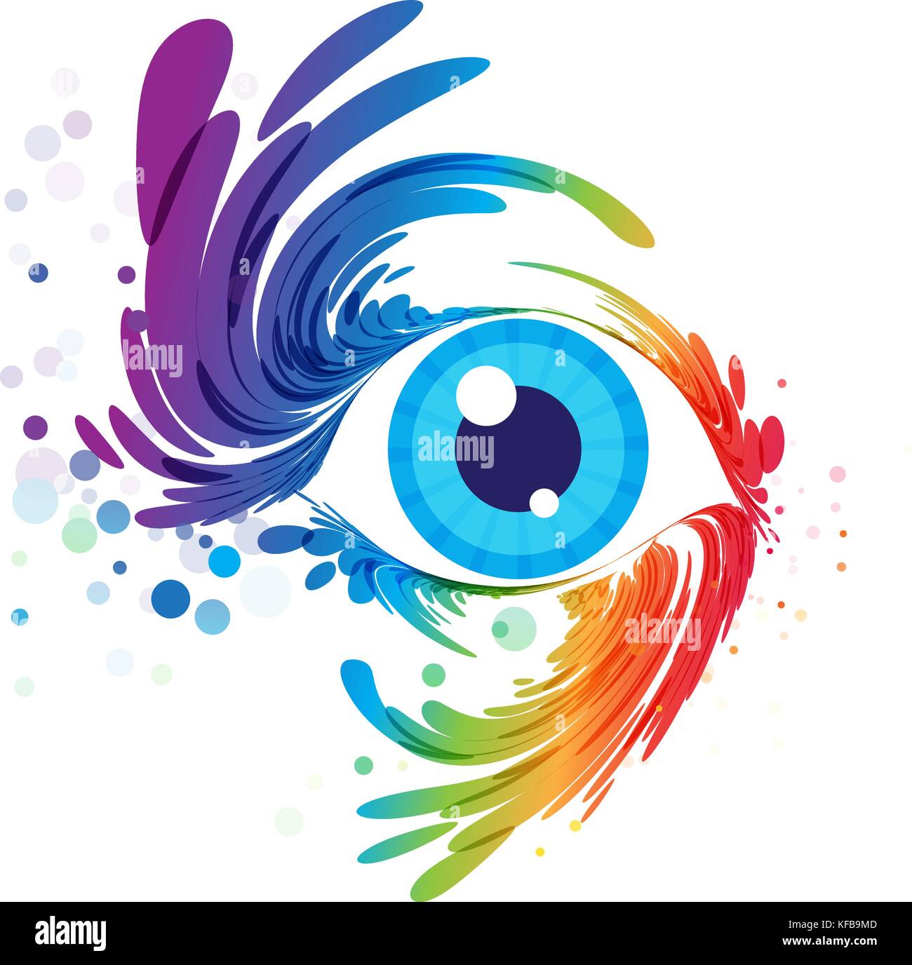 Multicolored eye art on white background, splash of eyelashes Stock Vector