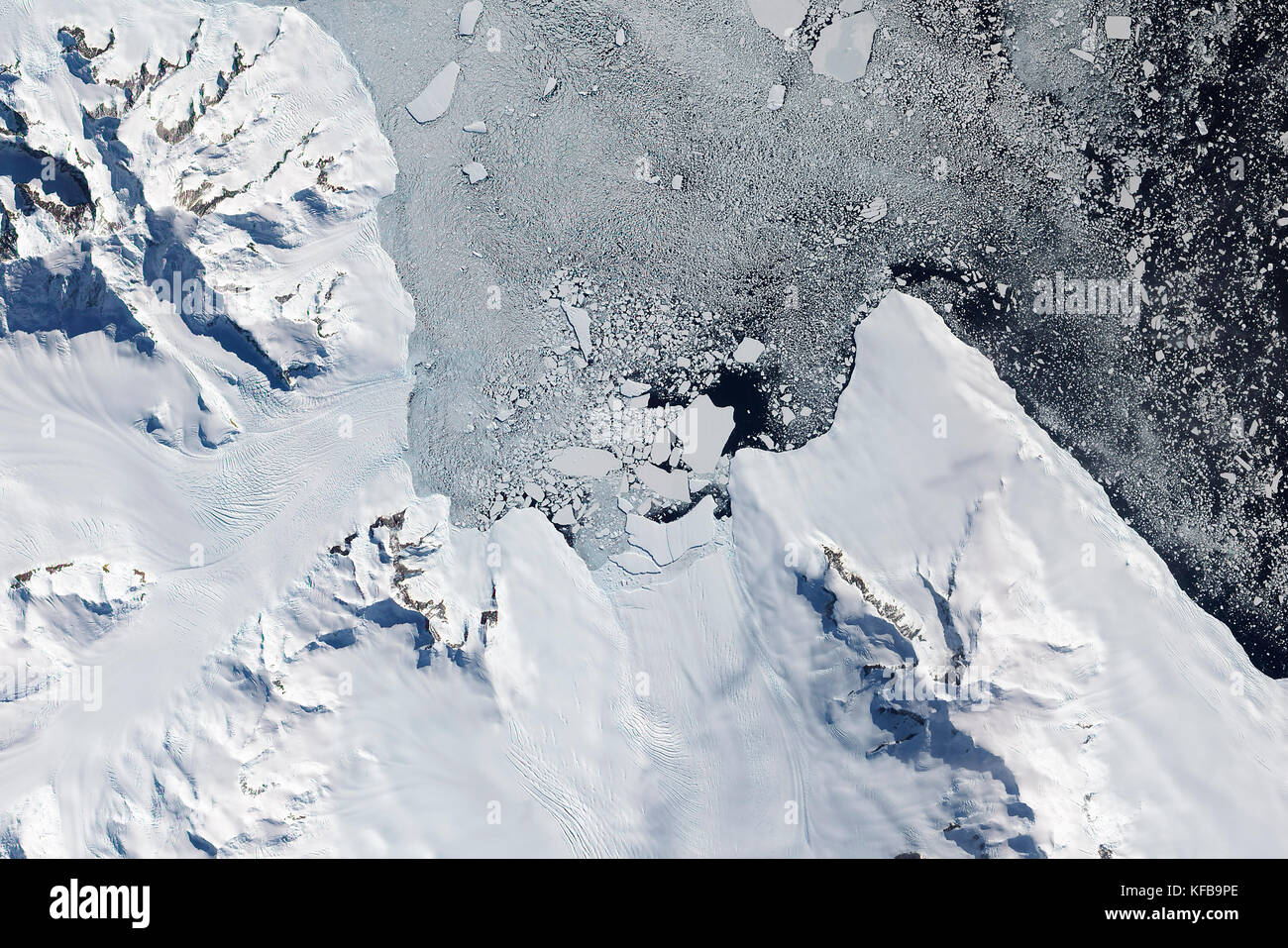 Hampton Glacier on the northern tip of Alexander Island, near the western base of the Antarctic Peninsula. Stock Photo