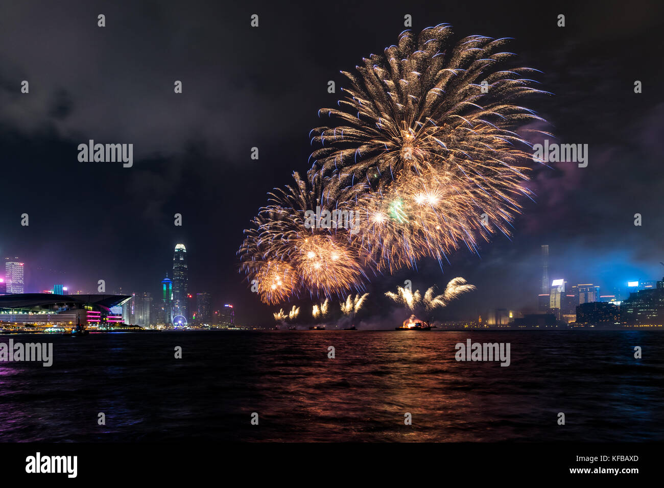 Fireworks display at Victoria harbor of Hong Kong Stock Photo