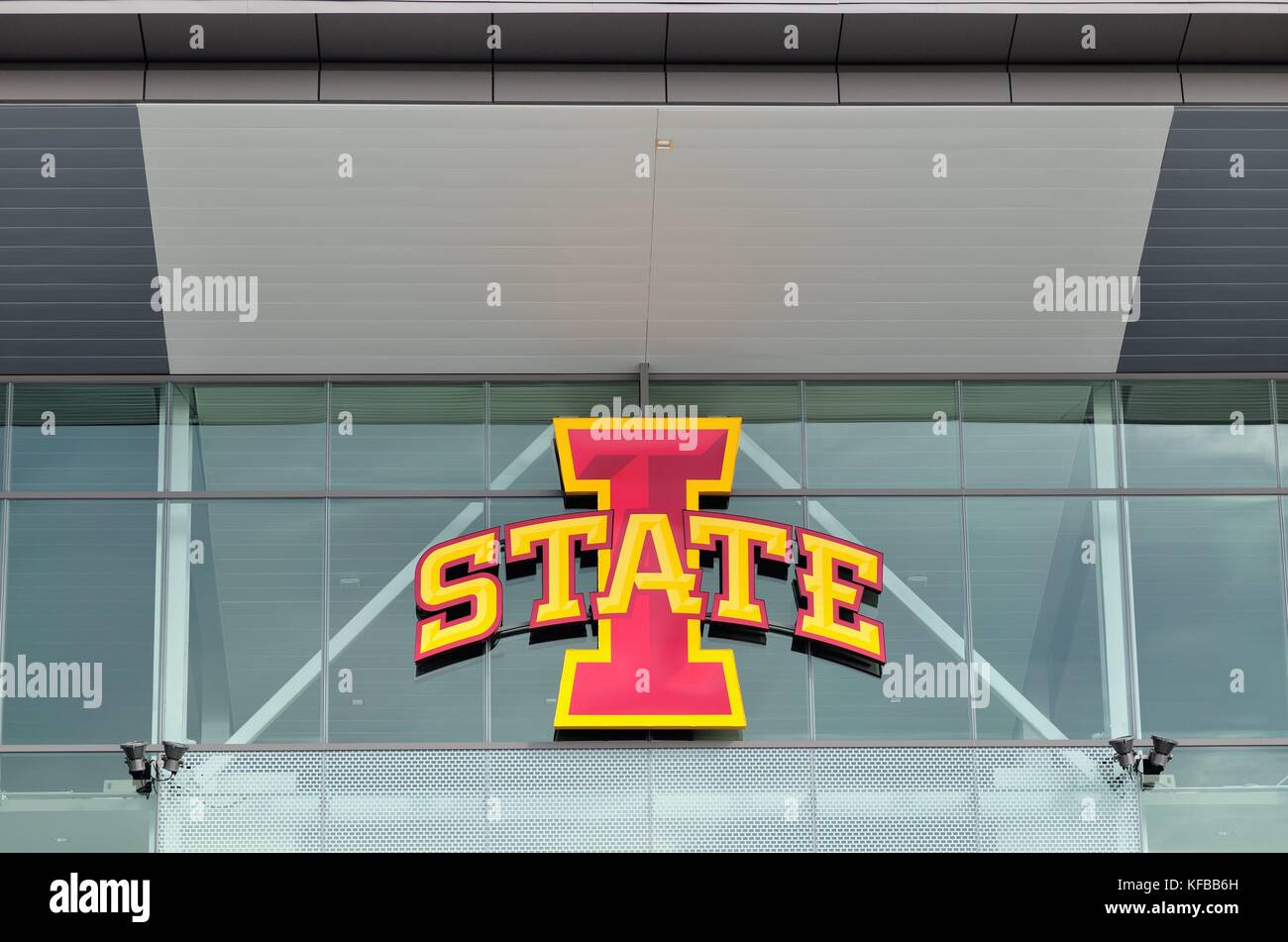 University logo above the east entrance to Jack Trice Stadium on the campus of Iowa State University in Ames, Iowa, USA. Stock Photo