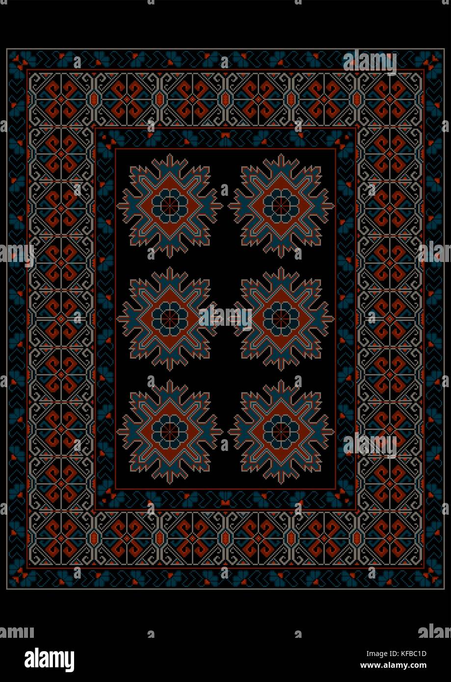 Luxury carpet in dark shades with gray ethnic ornament on the border ...