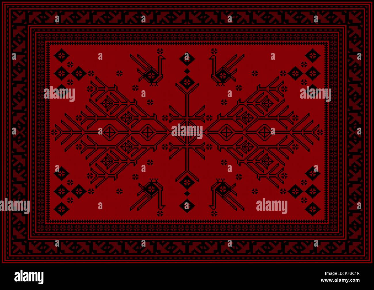 Luxury carpet with ethnic patterned tree and birds in red and maroon shades Stock Vector