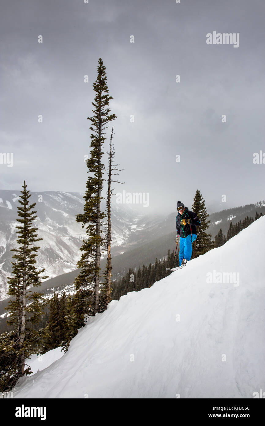 USA, Colorado, Aspen, portrait of a skier on Kessler's run, Aspen Highlands Ski Resort Stock Photo