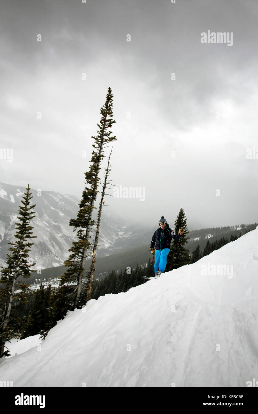 USA, Colorado, Aspen, portrait of a skier on Kessler's run, Aspen Highlands Ski Resort Stock Photo