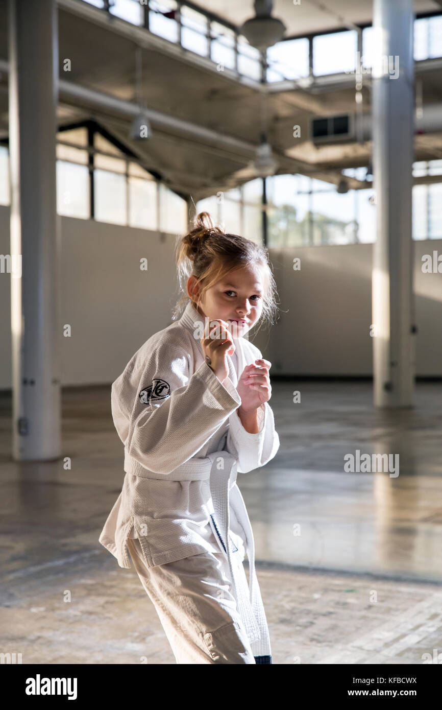 USA, Oahu, Hawaii, portrait of a young girl Jujitsu Martial Arts fighter before the start of the ICON grappling tournament in Honolulu Stock Photo