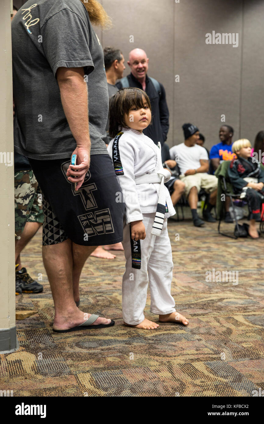 USA, Oahu, Hawaii, portrait of a young boy Jujitsu Martial Arts fighter before the start of the ICON grappling tournament in Honolulu Stock Photo