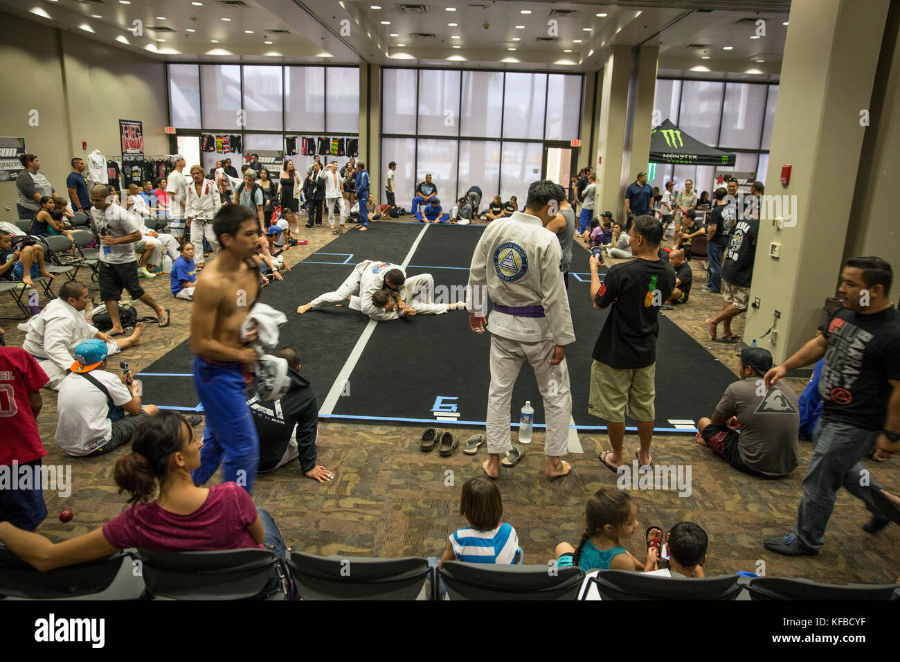 USA, Oahu, Hawaii, Jujitsu Martial Arts fighters grapple at the ICON