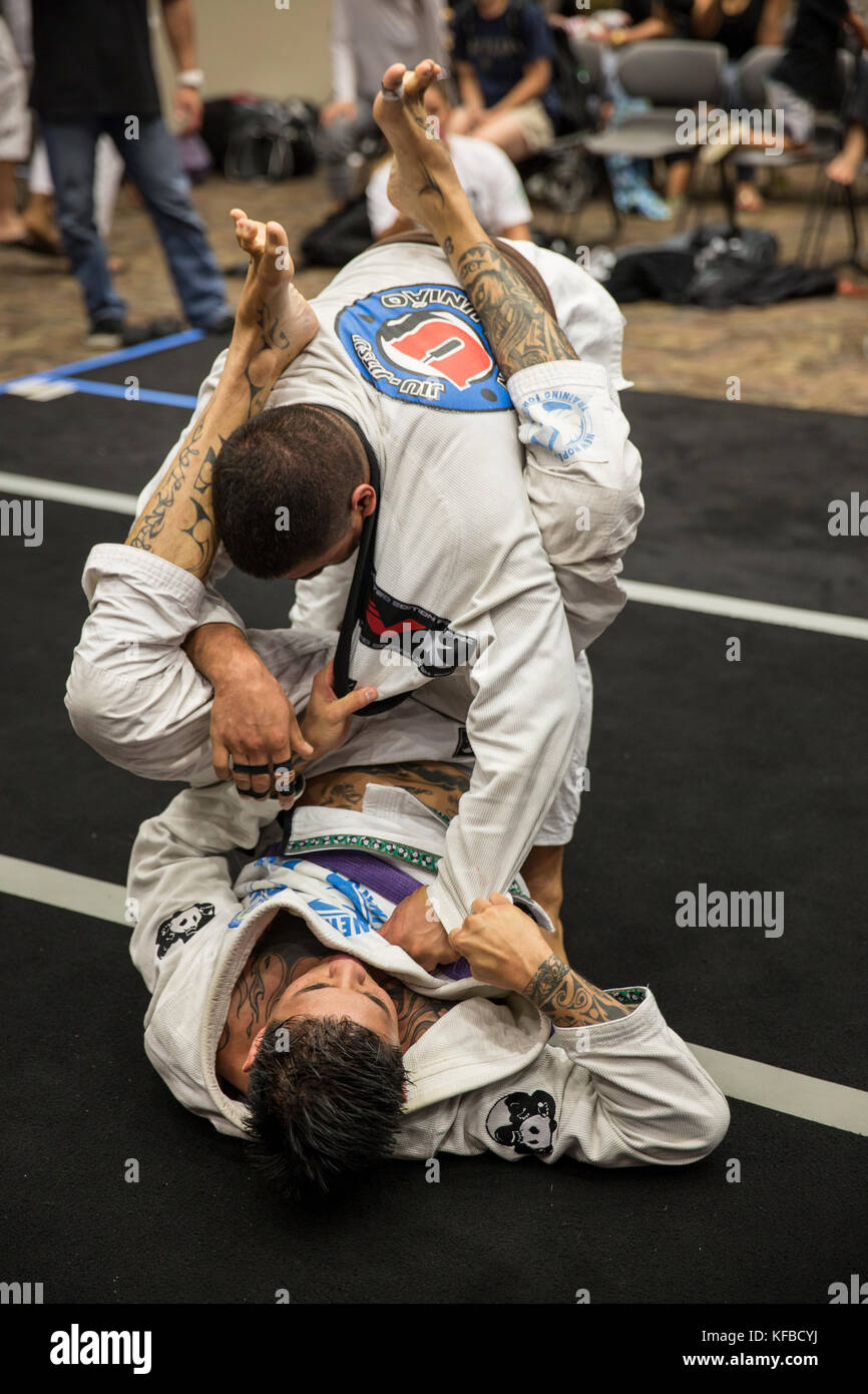 USA, Oahu, Hawaii, Jujitsu Martial Arts fighters grapple at the ICON