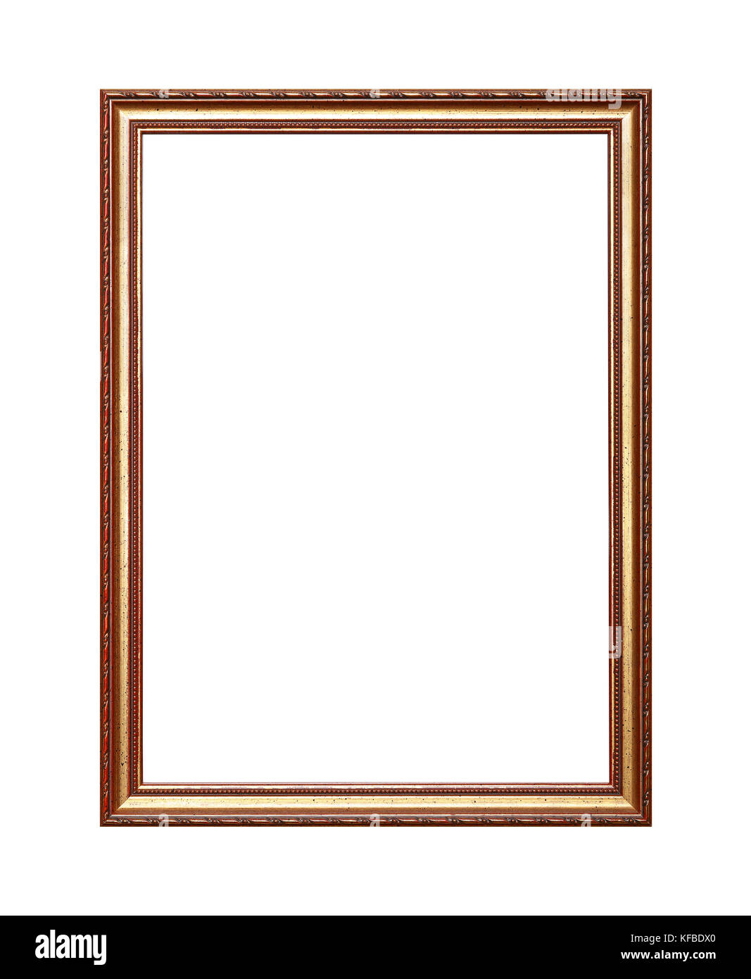 Antique old baroque ornate wooden classic golden painted vertical rectangular frame for picture, photo or mirror, isolated on white background, close  Stock Photo