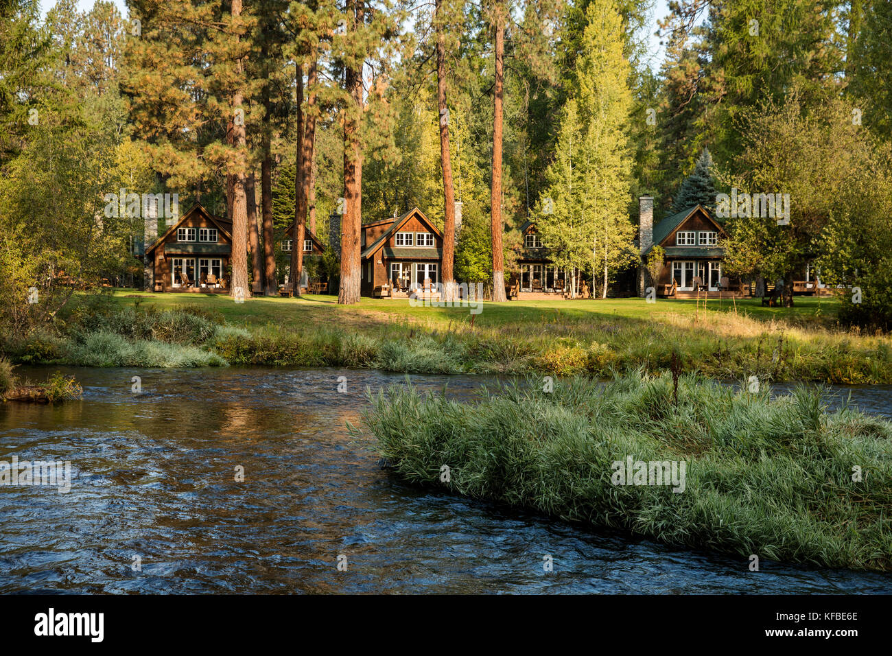 USA, Oregon, Camp Sherman, Metolius River Resort, view of cabins from river Stock Photo