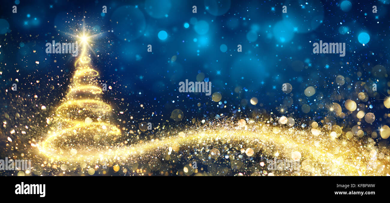 Golden Christmas Tree In Abstract Night Stock Photo