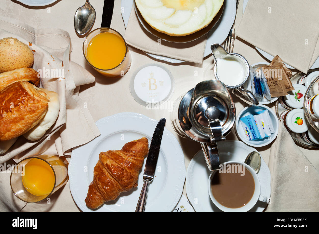 ITALY, Venice. Room Service breakfast at the Bauer Hotel Stock Photo