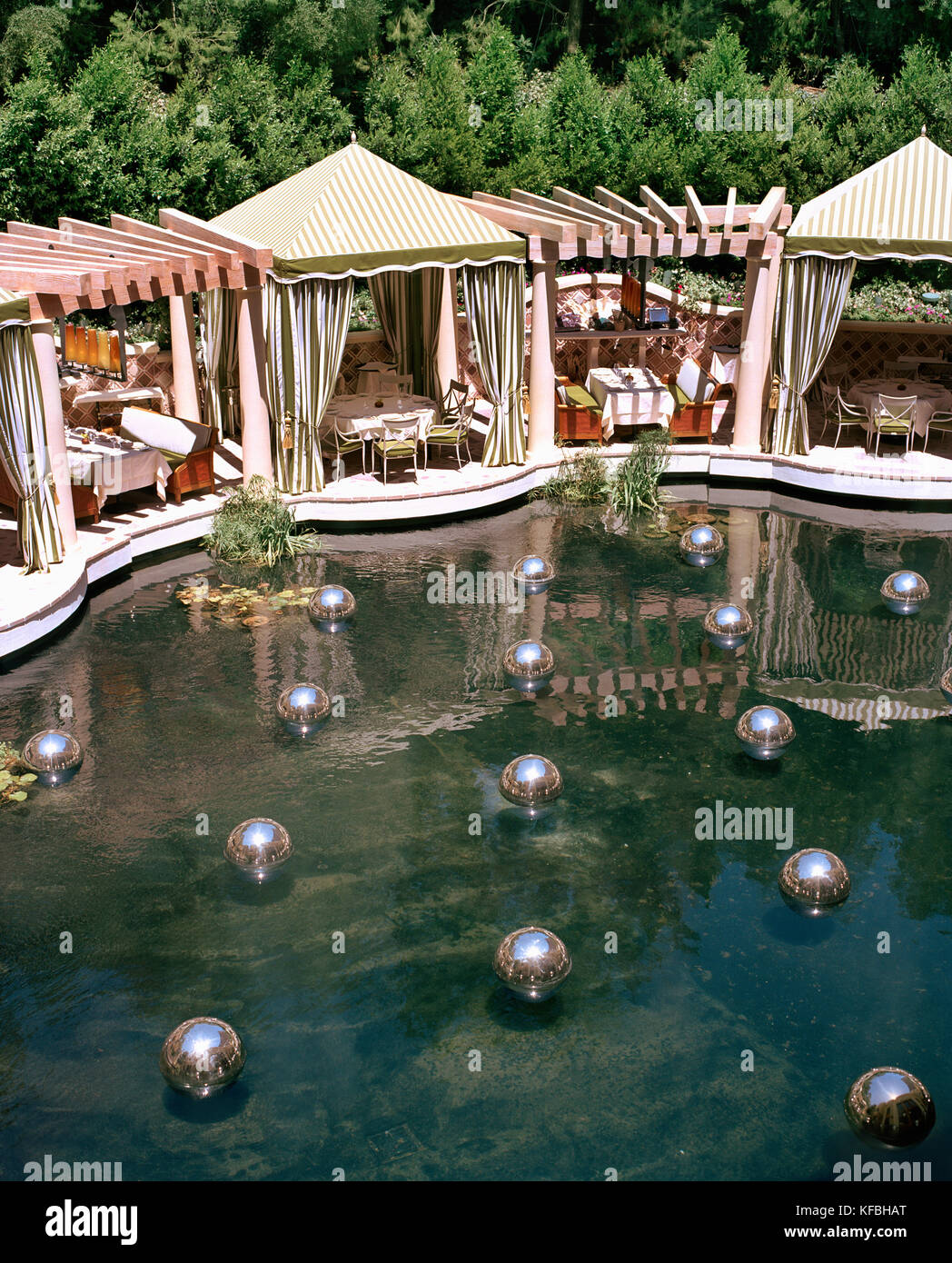 USA, Nevada, baubles floating on pool of Bartolotta Restaurant, elevated view Stock Photo