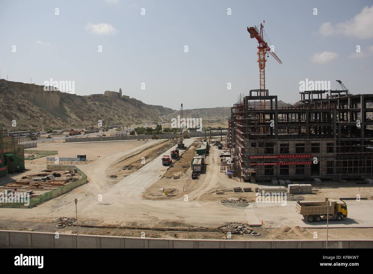 Construction work taking place in the port of Gwadar, Baluchsitan, in the southernmost tip of Pakistan, 04 October 2017. Although thus far only 3 to 4 ships visit the port each month, Gwadar is supposed to become the largest shipping port of South Asia by 2022 and one of the largest in the world in 30 years' time. The Pakistani military has stationed a brigade in the city to protect the port, since Gwadar is located in one of the most dangerous provinces in the country. Gwadar is a hub of the planned so-called 'China-Pakistan Economic Corridor', or CPEC for short. The corridor is part of China Stock Photo