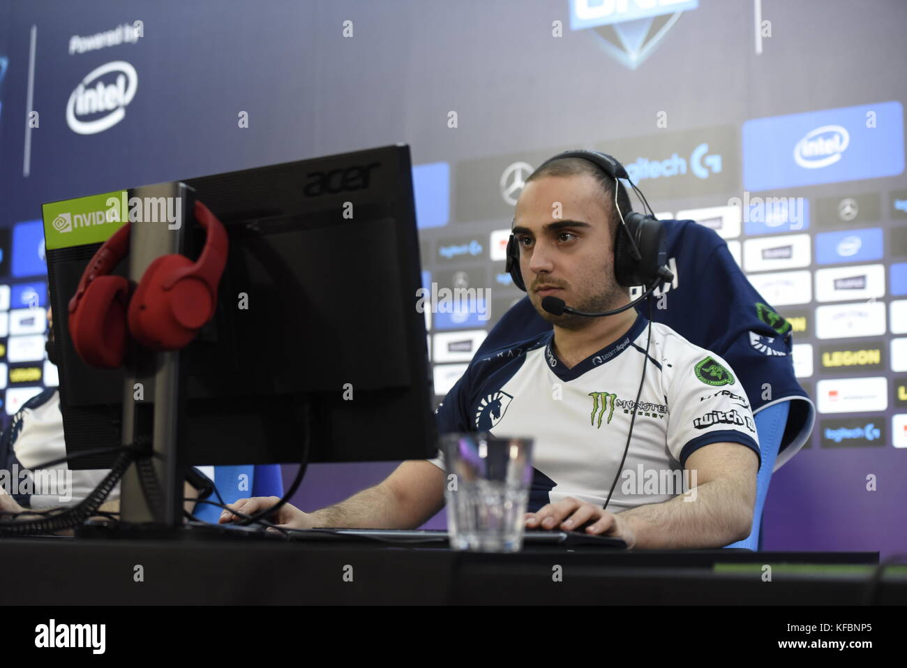 German Dota 2 professional Kuro Salehi Takhasomi (KuroKy) of Team Liquid sits in front of a computer during the preliminary round of the e-sports event ESL One at a hotel in Hamburg, Germany, 26 October 2017. The first matches are carried out at the hotel, before the event continues on 28 October at the Barclaycard Arena with more than 10,000 expected audience members. Prize with a total worth of a Million US-Dollar can be won in the tournament. Photo: Marek Majewsky/dpa Stock Photo