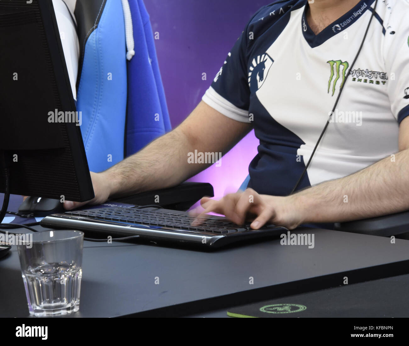 German Dota 2 professional Kuro Salehi Takhasomi (KuroKy) of Team Liquid sits in front of a computer during the preliminary round of the e-sports event ESL One at a hotel in Hamburg, Germany, 26 October 2017. The first matches are carried out at the hotel, before the event continues on 28 October at the Barclaycard Arena with more than 10,000 expected audience members. Prize with a total worth of a Million US-Dollar can be won in the tournament. Photo: Marek Majewsky/dpa Stock Photo