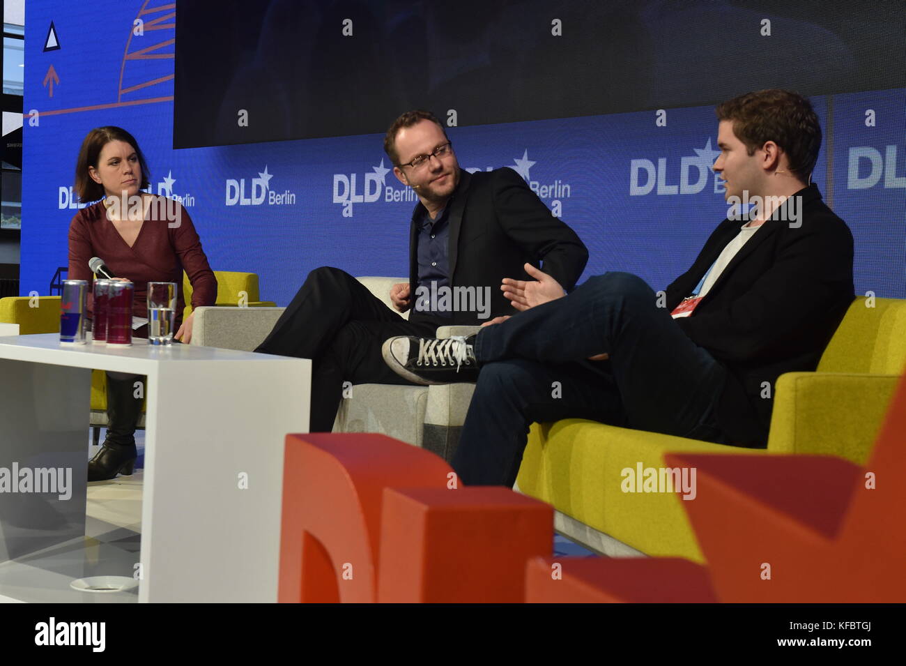 BERLIN/GERMANY - OCTOBER 27: (l-r) Melissa Eddy (New York Times) moderates a panel discussion with Udo Bub (EIT Digital) and Thomas Bachem (CODE University) during the DLD (Digital Life Design) Conference in Berlin, BOLLE Festsäle. Copyright: picture alliance for DLD/Kai-Uwe Wärner | usage worldwide Stock Photo
