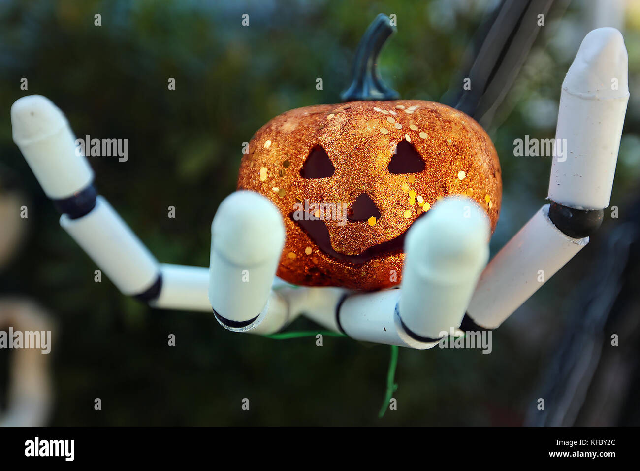 Napa, CA, USA. 26th Oct, 2017. Jack Skellington from the movie ''The Nightmare Before Christmas'' holds a jack o' lantern in the Halloween display at Jacquelyn and Bill Chambers' home. Credit: Napa Valley Register/ZUMA Wire/Alamy Live News Stock Photo