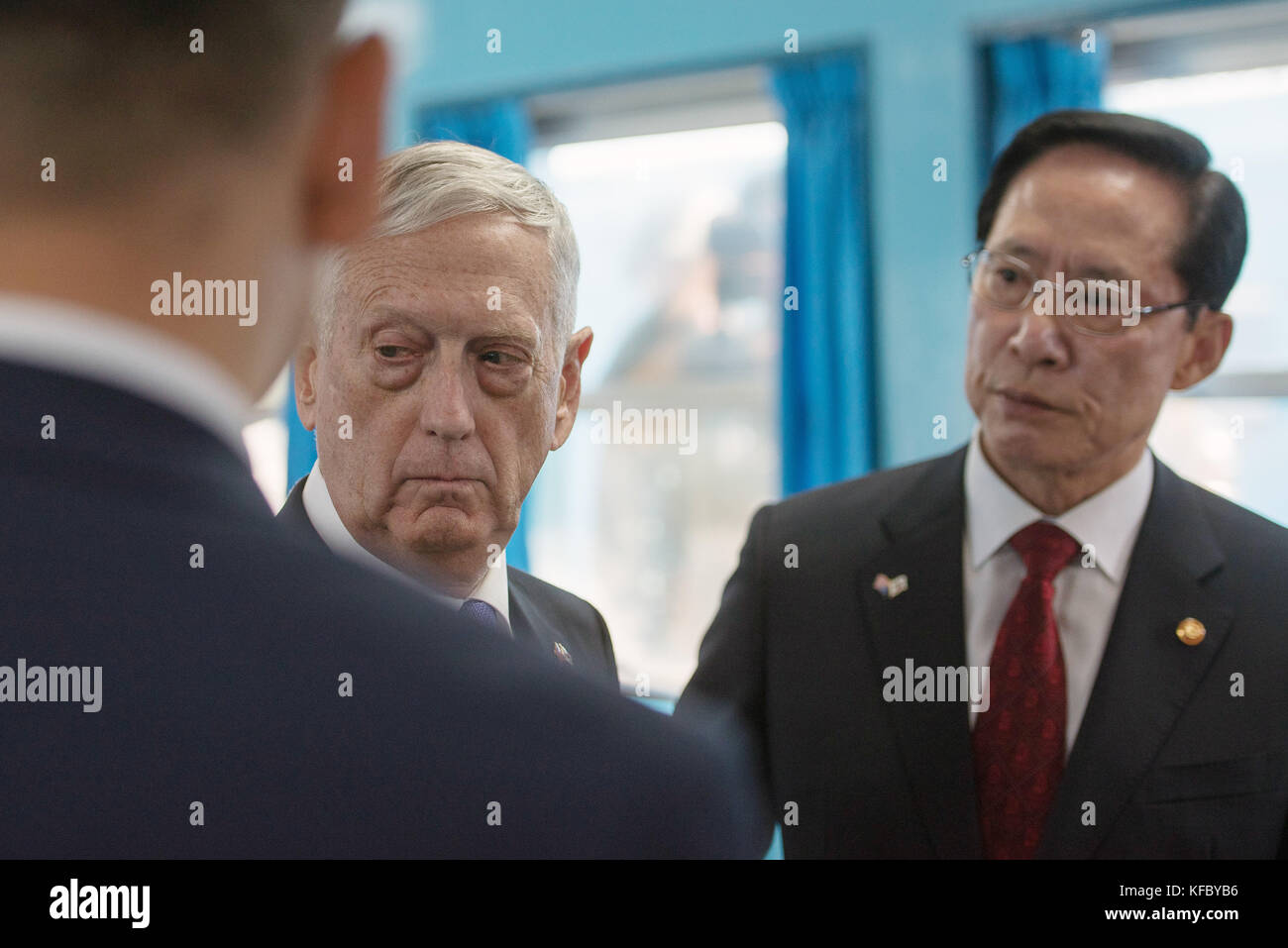 U.S. Secretary of Defense Jim Mattis and South Korean Defense Minister Song Young-moo receive a briefing inside the truce village during a surprise visit to the Demilitarized Zone between North and South Korea October 27, 2017 in Panmunjom, South Korea. Stock Photo