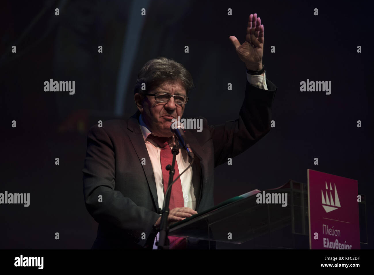 Athens, Greece. 27th Oct, 2017. JEAN-LUC MELENCHON addresses participants during the opening of the conference of Zoe Konstantopoulou's party Plefsi Eleftherias. Plefsi Eleftherias, meaning Sail of Freedom, was formed by governing party Syriza's dissident and former president of the Greek parliament, Zoe Konstantopoulou. Credit: Nikolas Georgiou/ZUMA Wire/Alamy Live News Stock Photo
