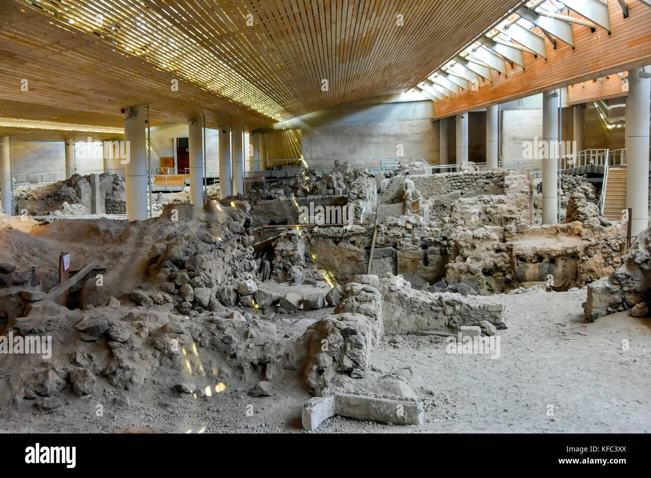 Akrotiri covered excavation of Minoan archaeolgical site showing building foundations at Santorini, Cyclades, Aegean Sea, Greece. Stock Photo