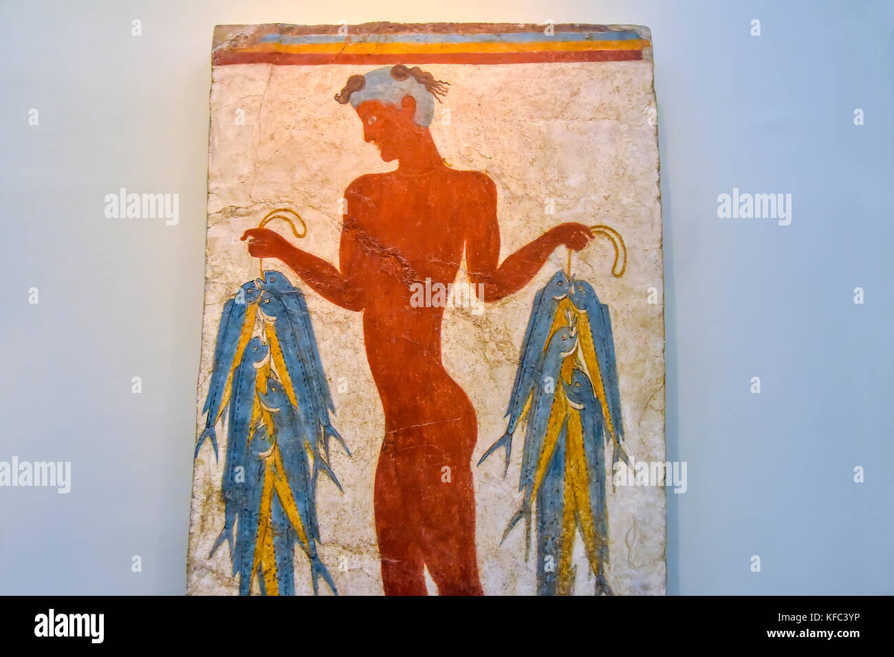 Akrotiri Minoan painted fresco called the Fisherman  at Museum of Prehistoric Thira, Fira, Santorini, Cyclades, Aegean Sea, Greece. Stock Photo