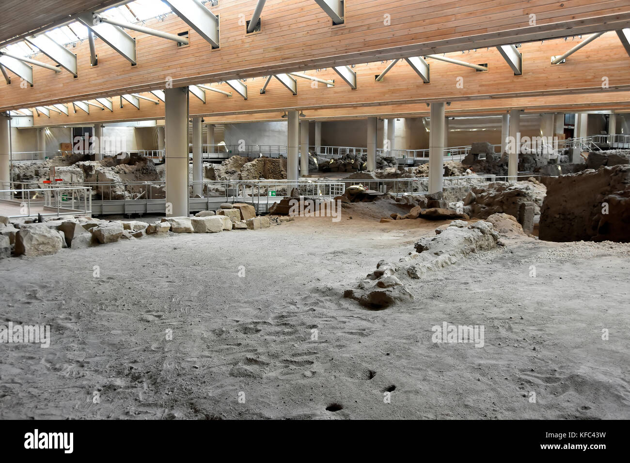 Akrotiri covered excavation of Minoan archaeolgical site showing building foundations at Santorini, Cyclades, Aegean Sea, Greece. Stock Photo