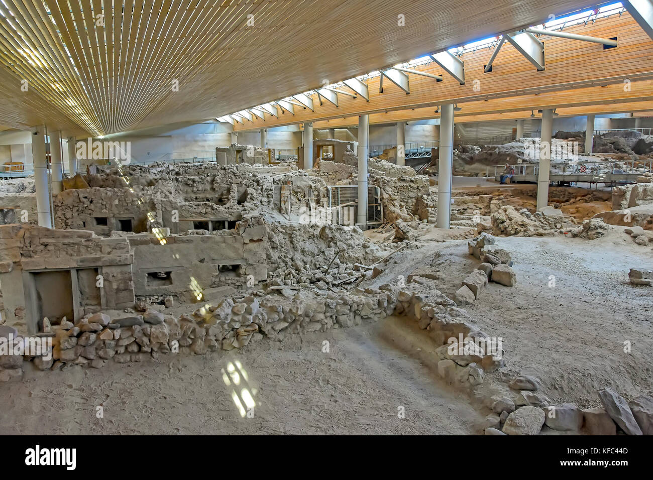 Akrotiri covered excavation of Minoan archaeolgical site showing building foundations at Santorini, Cyclades, Aegean Sea, Greece. Stock Photo