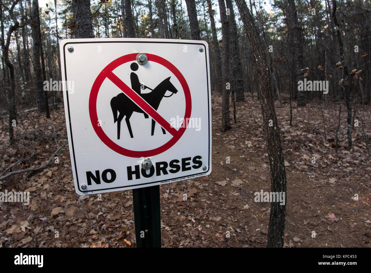 A aluminum sign banning horses on a trail in a Georgian state park. Stock Photo