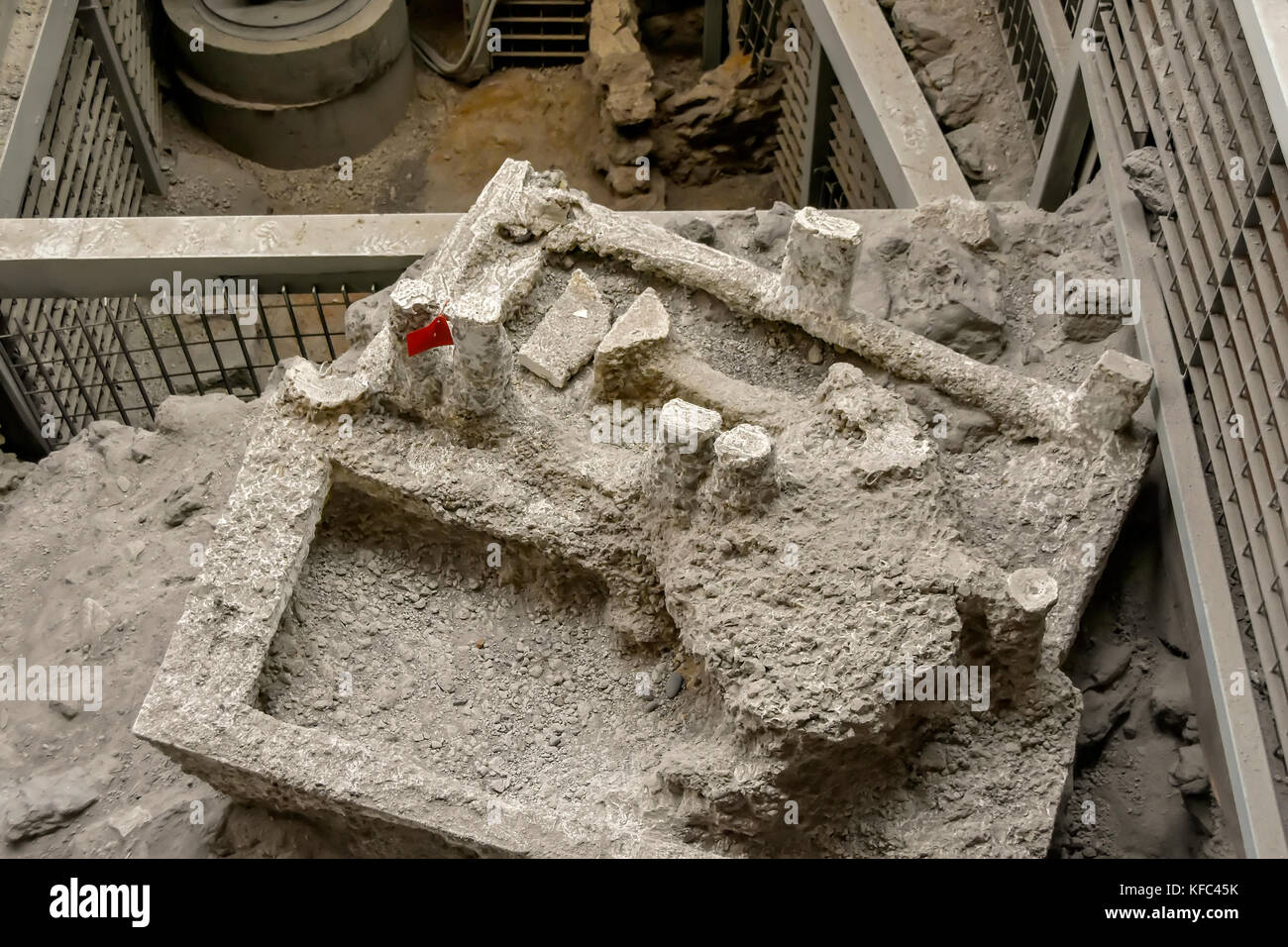 Akrotiri Minoan archaeolgical site showing two beds upside down made of plaster casts at Santorini, Cyclades, Aegean Sea, Greece. Stock Photo