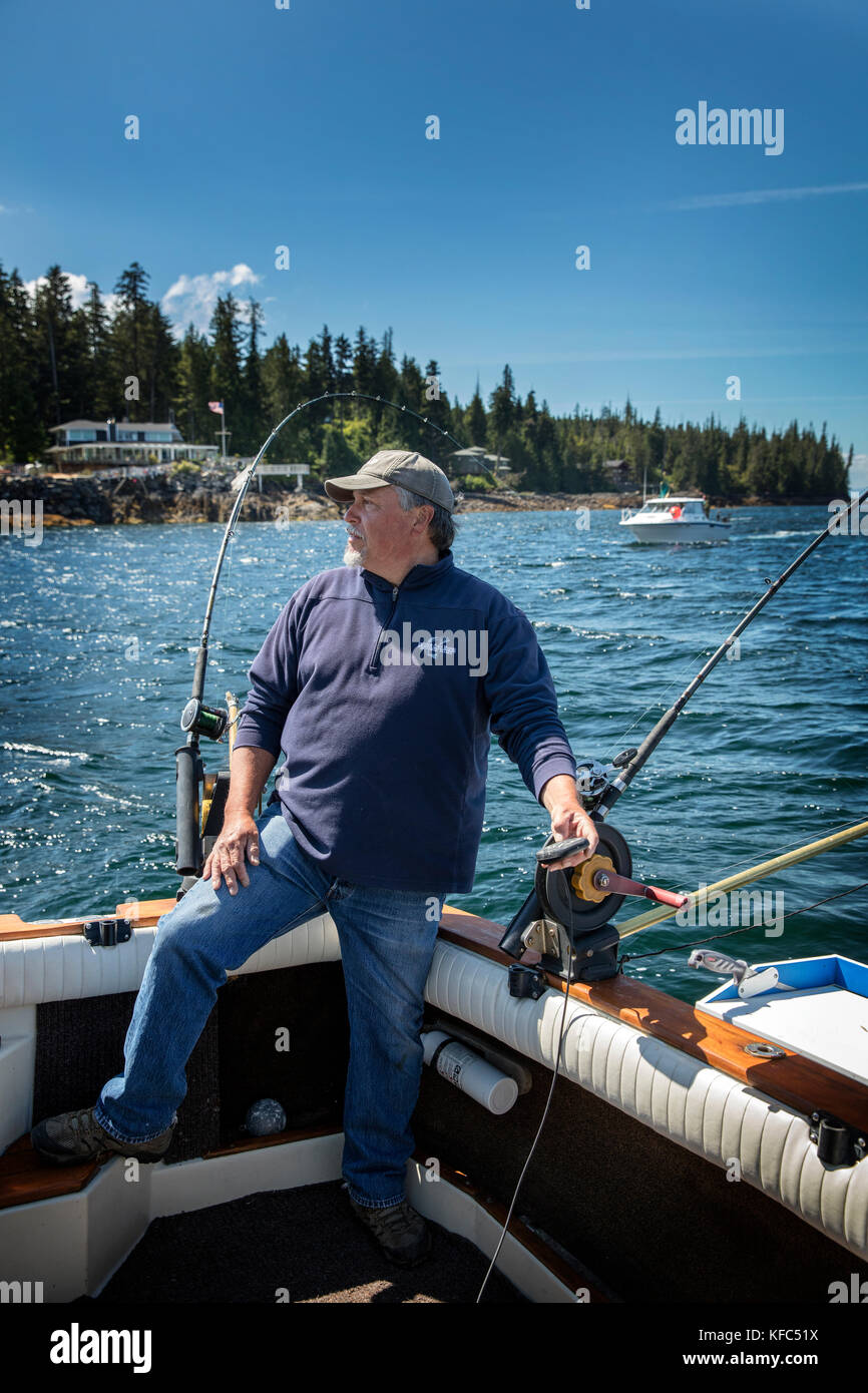 USA, Alaska, Ketchikan, Captain Tony tends to his lines while fishing the Behm Canal near Clarence Straight, Knudsen Cove along the Tongass Narrows Stock Photo