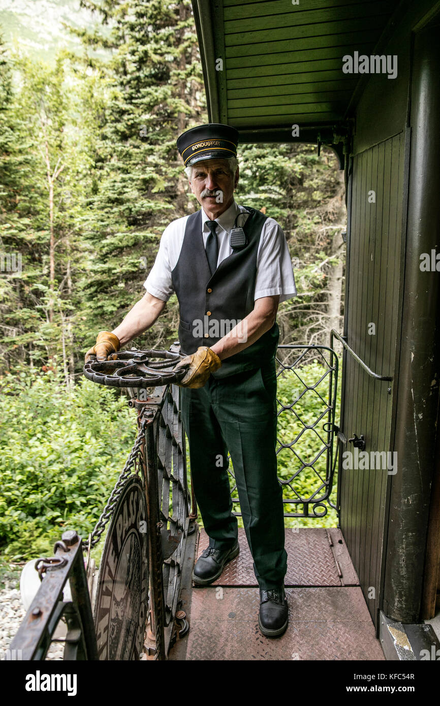 USA, Alaska, Sitka, one of the train conductors aboard the White Pass