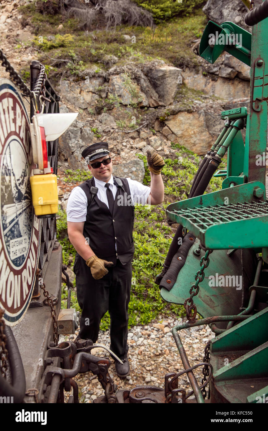 USA, Alaska, Sitka, one of the train conductors aboard the White Pass