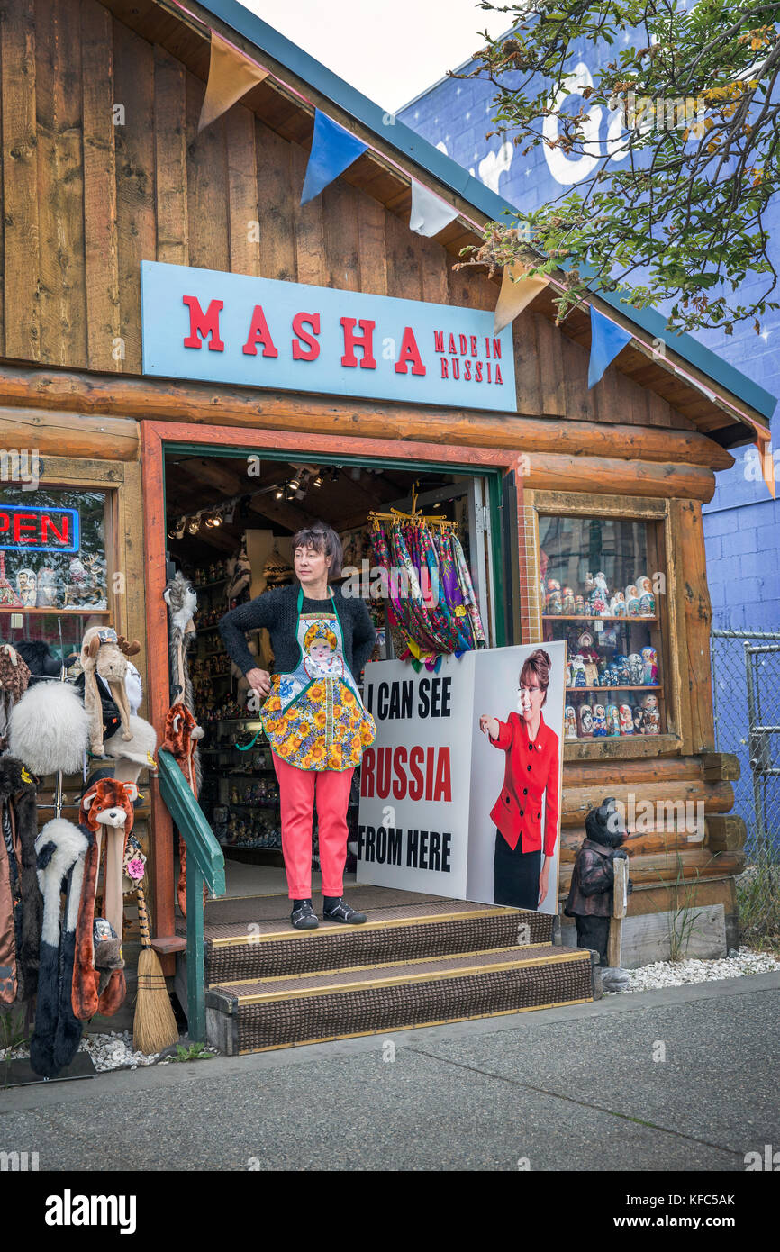 USA, Alaska, Anchorage, store called Masha, Owner Inga in front of her