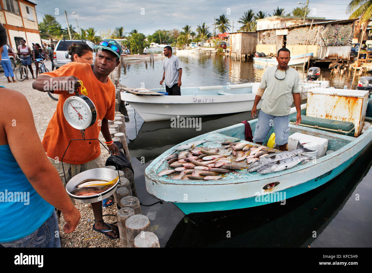 BELIZE. Belize City, fishermen sell fish at the Southside fishmarket Stock Photo