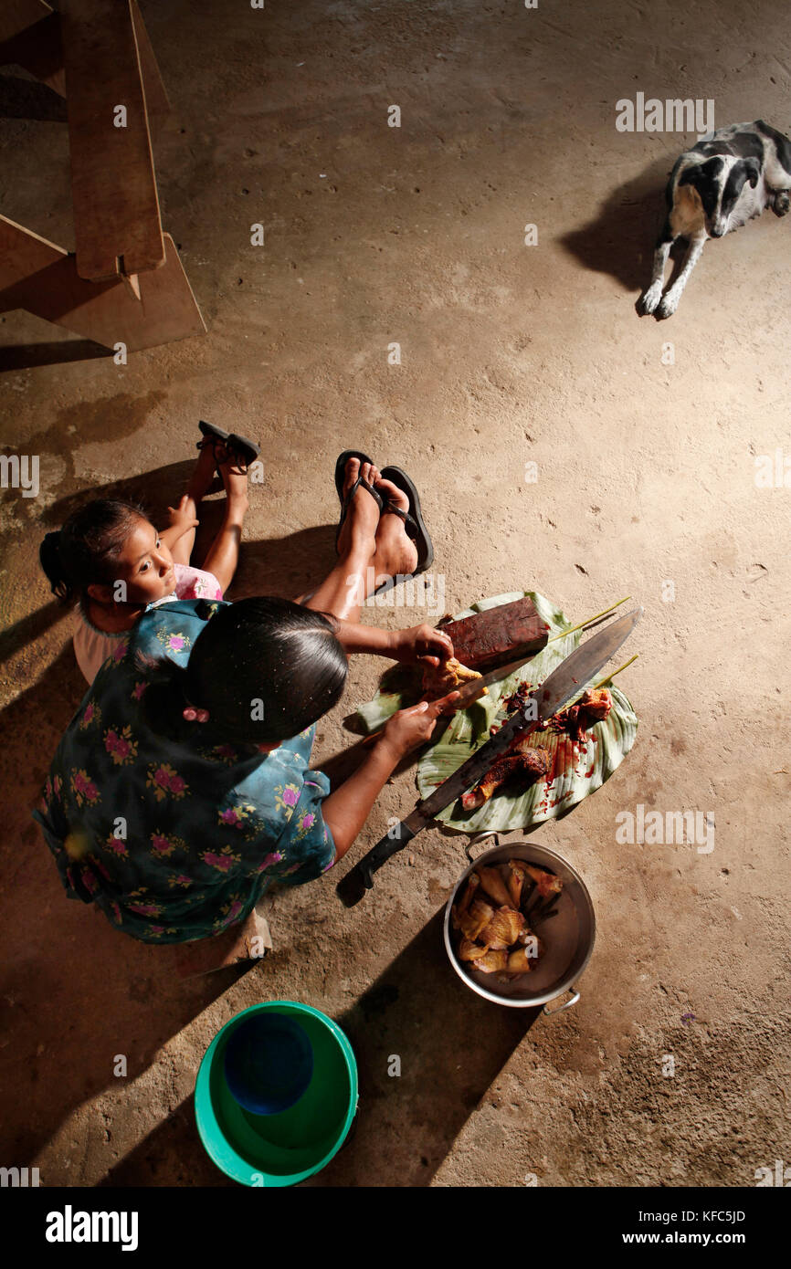 BELIZE, Punta Gorda, Toledo District, Desiree Mes prepares a chicken for lunch in her home, San Jose Maya Village Stock Photo