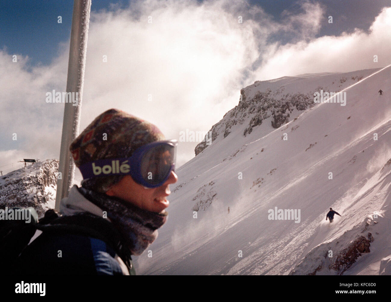 USA, California, man on ski lift, Mammoth Ski Area Stock Photo