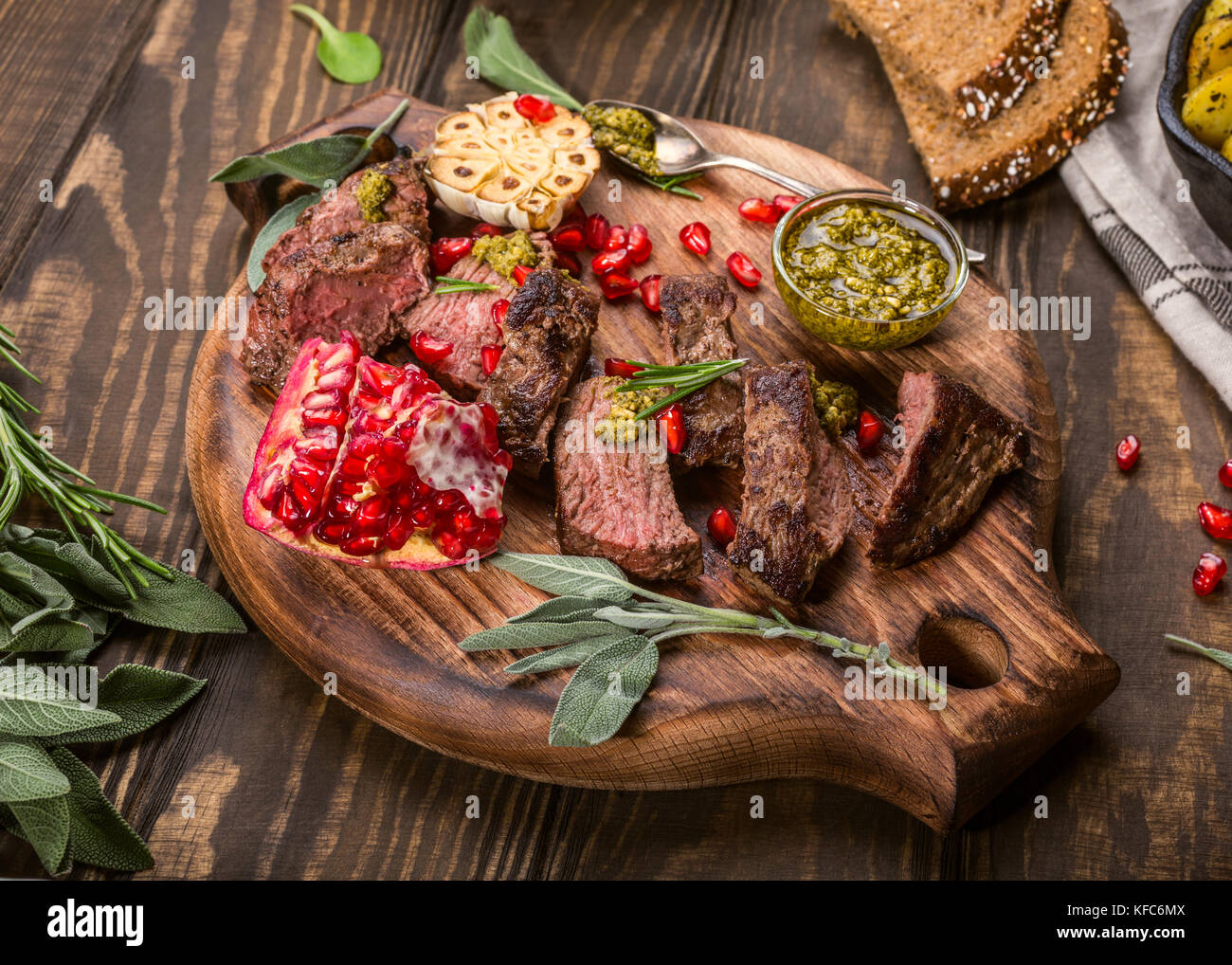 Meat steak with green pesto Stock Photo Alamy