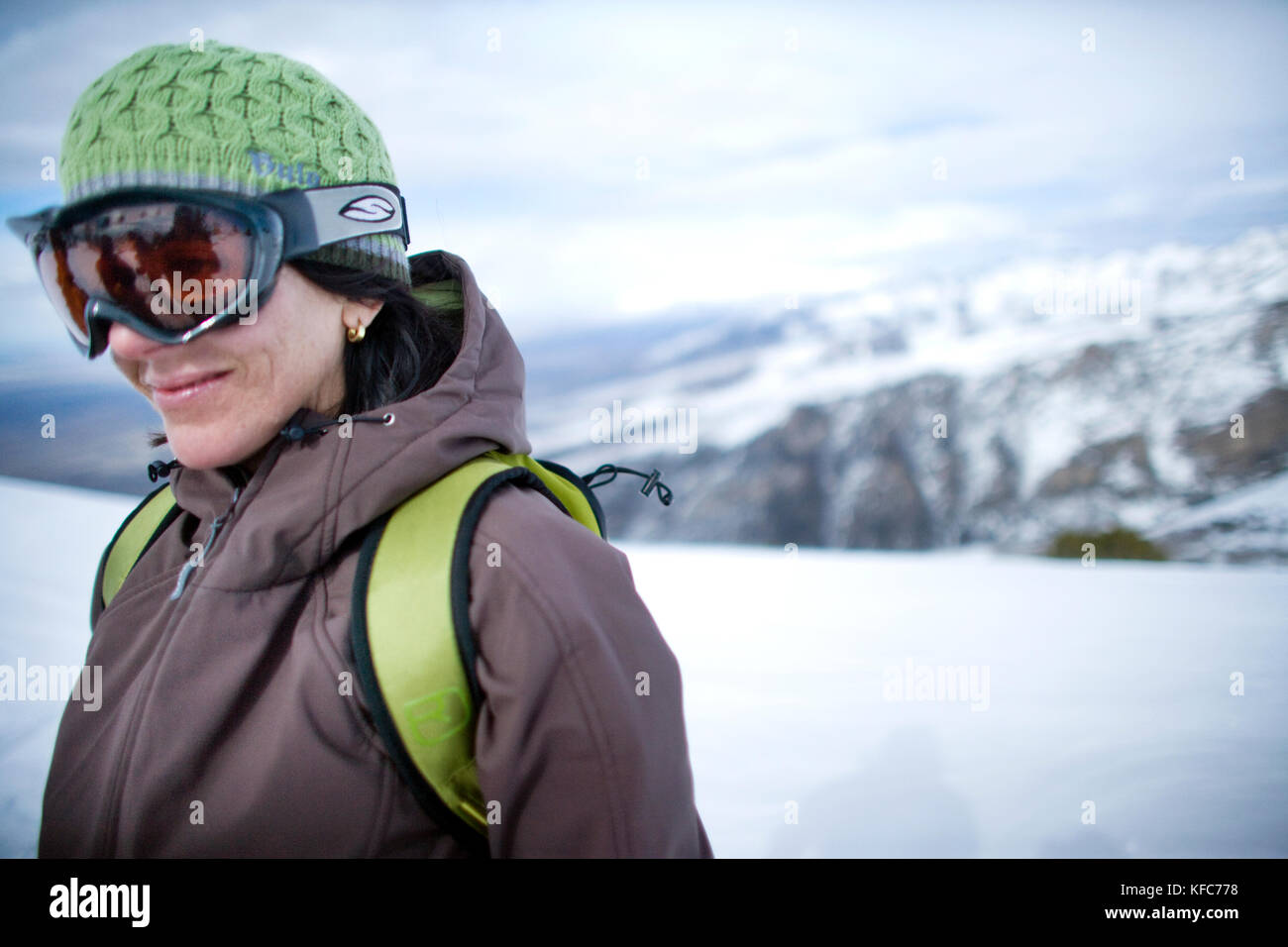 USA, Nevada, Ruby Mountains, a mountaintop portrait of a woman skier Stock Photo