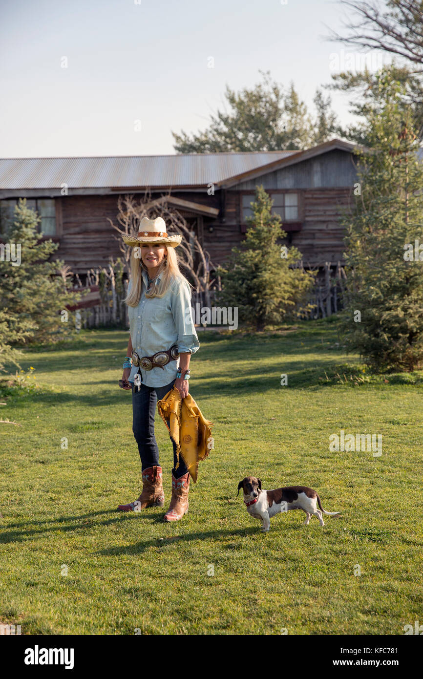 USA, Nevada, Wells, Founder Madeleine Pickens walks around the her 900
